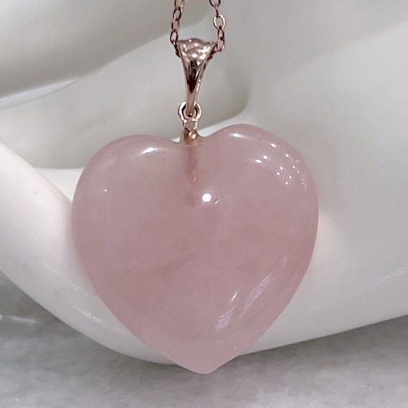 Galilea Rose Quartz White Zircon 14K RG Sterling Silver Lotus On Heart Necklace - Picture 7 of 10